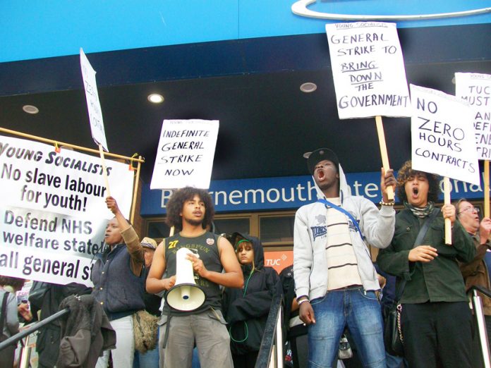 Young Socialists lobbying the TUC demanding the abolition of zero-hours contracts – Balls refused to deal with the issue in his speech to the Labour Party Conference