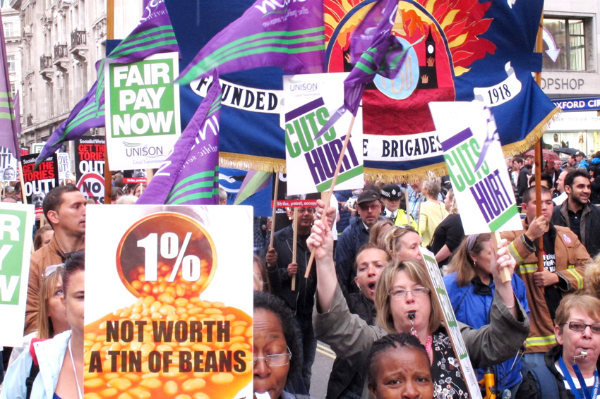 Section of the march in London during the last public sector strike on July 10 condemning the 1% pay rise