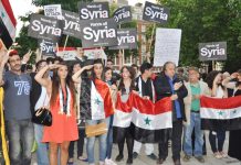 Demonstration outside the American Embassy against any imperialist intervention in Syria – Cameron said he will be prepared to attack Syria without the consent of parliament