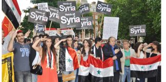 Demonstration outside the American Embassy against any imperialist intervention in Syria – Cameron said he will be prepared to attack Syria without the consent of parliament