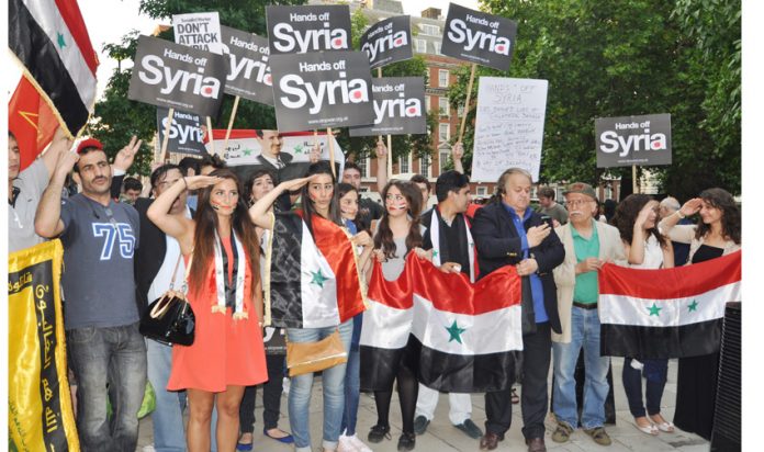 Demonstration outside the American Embassy against any imperialist intervention in Syria – Cameron said he will be prepared to attack Syria without the consent of parliament