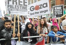 A section of one of the July demonstrations outside the Israeli embassy in west London with a clear message