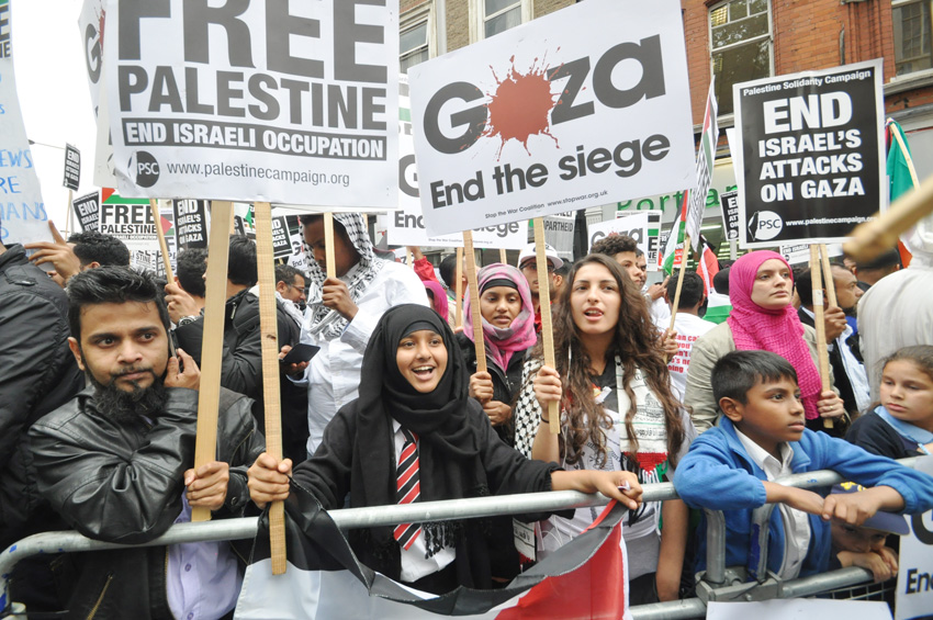 A section of one of the July demonstrations outside the Israeli embassy in west London with a clear message