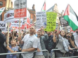 Demonstrators outside the Israeli embassy in London in August condemn Israeli lies during its assault on Gaza