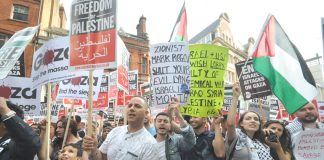 Demonstrators outside the Israeli embassy in London in August condemn Israeli lies during its assault on Gaza