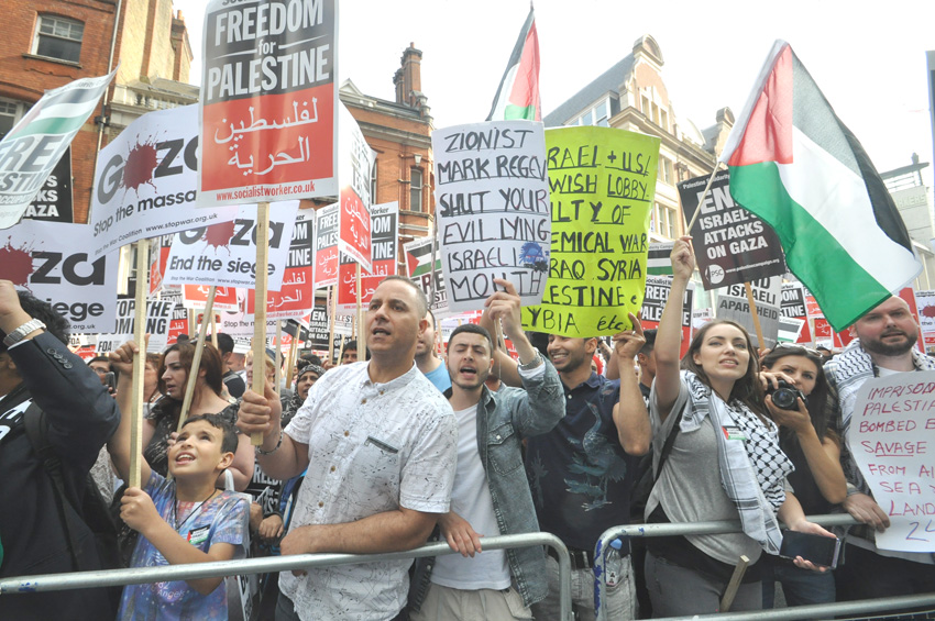 Demonstrators outside the Israeli embassy in London in August condemn Israeli lies during its assault on Gaza