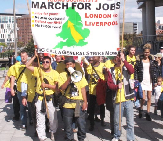 The Young Socialists marched from London to Liverpool to demand the TUC call a general strike  to bring down the Cameron government