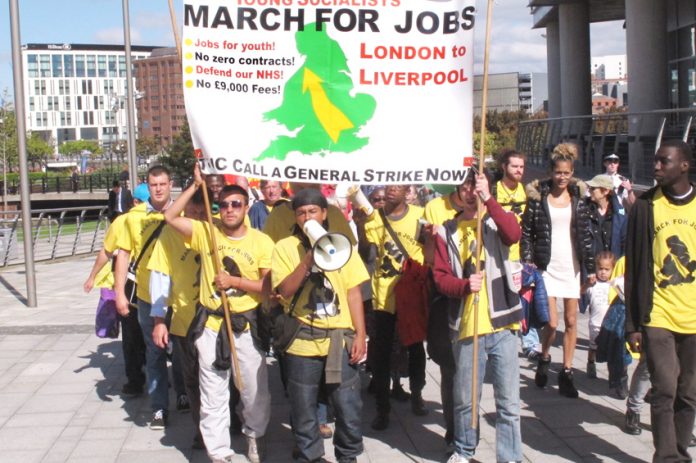 The Young Socialists marched from London to Liverpool to demand the TUC call a general strike  to bring down the Cameron government