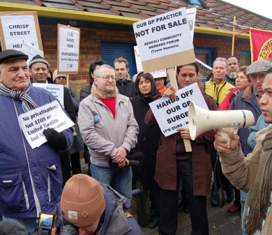 GPs and patients demonstrate against the threat of closure of 22 GP surgeries in East London alone