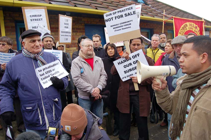 GPs and patients demonstrate against the threat of closure of 22 GP surgeries in East London alone