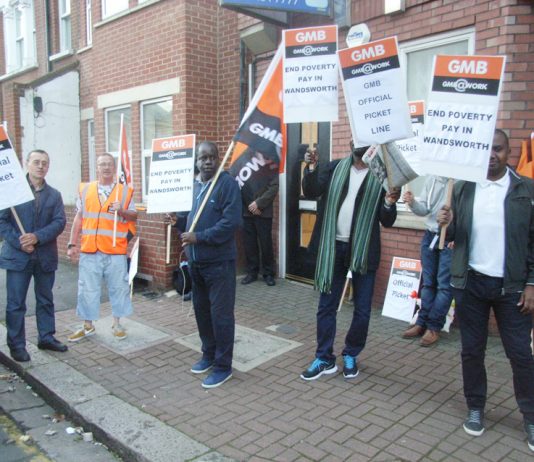 Striking traffic wardens on the picket line in Yukon Road in Balham south-west London