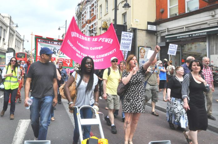Lambeth College lecturers on the march in June – they are balloting for futher industrial action to secure a fair contract