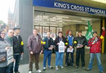 RMT picket line during their strike to defend jobs and to keep ticket offices open
