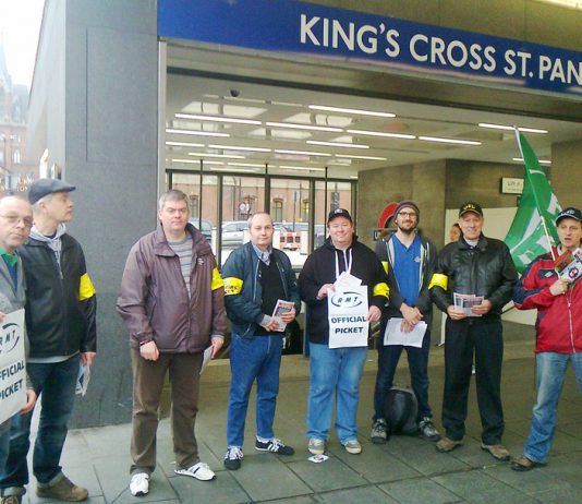 RMT picket line during their strike to defend jobs and to keep ticket offices open