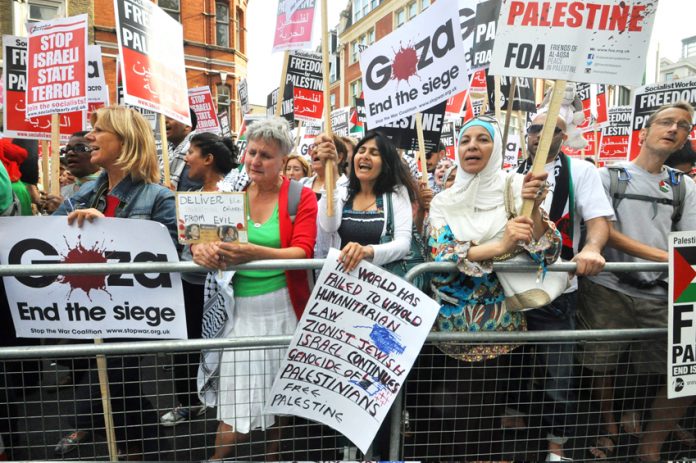 Picket of the Israeli embassy on August 1st during the Zionist onslaught on Gaza claiming the lives of thousands of Palestinian men, women and children