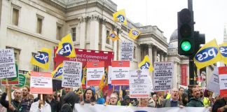 PCS members demonstrating against privatisation at the National Gallery in London