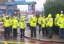 Solid picket line of ambulance workers at the Deptford Ambulance Station