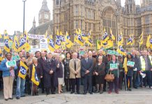 PCS strikers with their General Secretary MARK SERWOTKA outside Parliament yesterday lunchtime