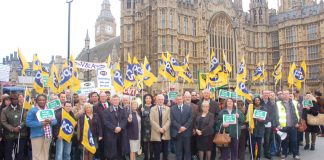 PCS strikers with their General Secretary MARK SERWOTKA outside Parliament yesterday lunchtime