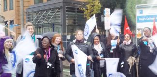 Lively picket of midwives at King’s College Hospital on strike last Monday over the lack of a wage increase