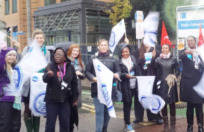 Lively picket of midwives at King’s College Hospital on strike last Monday over the lack of a wage increase