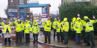 Ambulance workers on the picket line outside Deptford Ambulance Station during Monday’s nationwide NHS strike to demand a decent pay rise