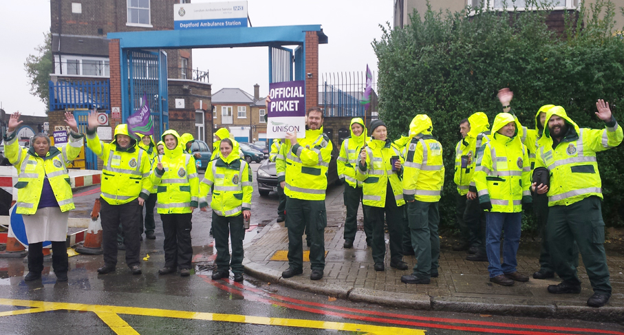 Ambulance workers on the picket line outside Deptford Ambulance Station during Monday’s nationwide NHS strike to demand a decent pay rise