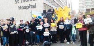Radiographers on the picket line at St Thomas’ Hospital yesterday morning
