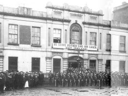Capitalism and democracy may well be parting company says SIPTU president Jack O’Connor Irish Citizens Army members parade outside Liberty Hall