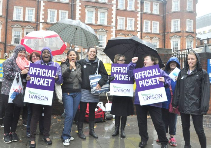 Midwives and nurses on the picket line at Hammersmith Hospital during the the national NHS strike over pay on October 13