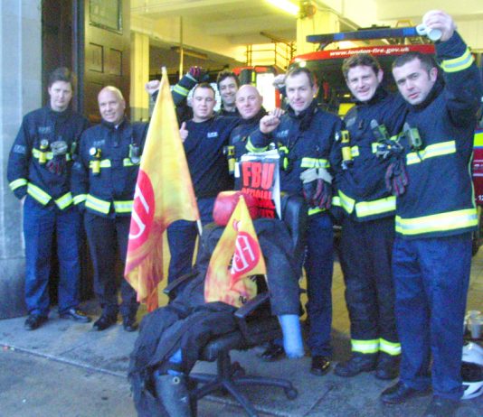Firefighters on the picket line at Lambeth Fire Station at the beginning of the year