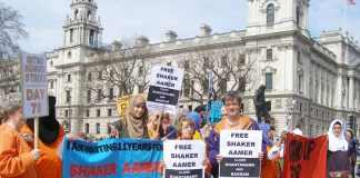 Protest outside parliament demanding the release of Shaker Aamer from detention in Guantanamo Bay prison