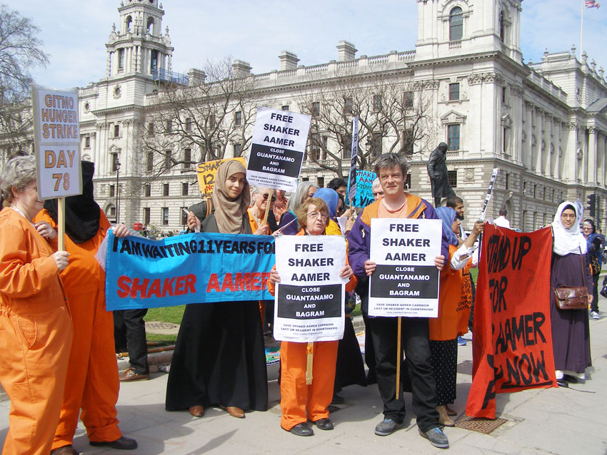 Protest outside parliament demanding the release of Shaker Aamer from detention in Guantanamo Bay prison