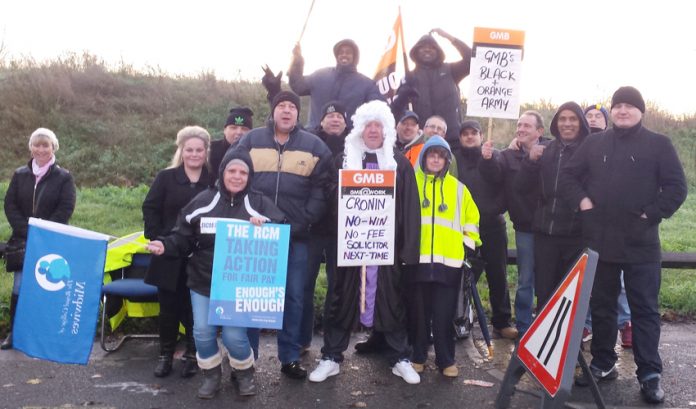 Workers at Queen Elizabeth Hospital, Woolwich, on the first day of their two-day strike in a bitter struggle against the privateer ISS