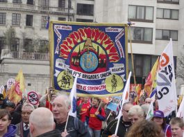 West Midlands FBU banner on a TUC march in London against government cuts