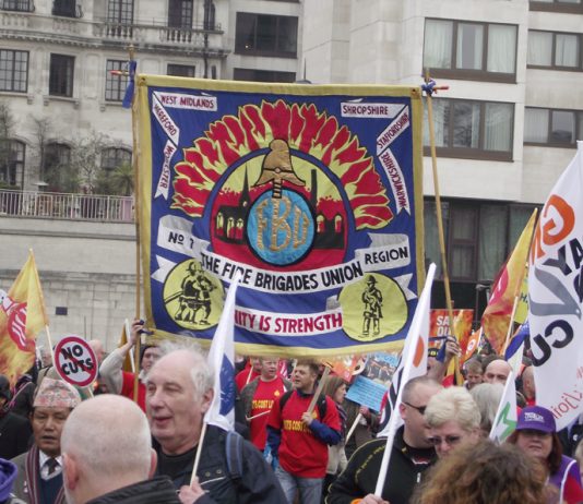 West Midlands FBU banner on a TUC march in London against government cuts