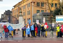 Midwives and nurses taking strike action last month – they are not prepared to put up with permanent wage-cutting and pension busting