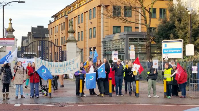 Midwives and nurses taking strike action last month – they are not prepared to put up with permanent wage-cutting and pension busting