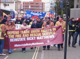 The front of the march in Aylesbury demanding the reinstatement of FBU member Ricky Matthews