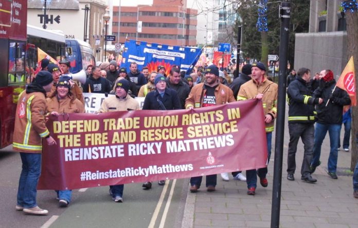 The front of the march in Aylesbury demanding the reinstatement of FBU member Ricky Matthews