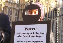 Migrant workers’ protest outside the Houses of Parliament yesterday morning