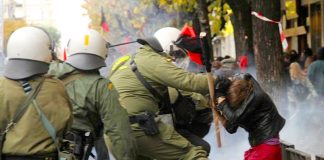 Greek soldier kicking a girl on a demonstration in Athens on the anniversary of the police shooting of 15-year-old Alexis Grigoropoulis. Photo credit: Left.gr