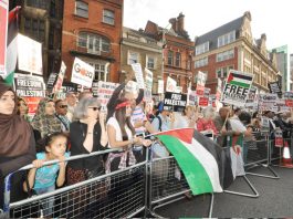 Palestinians want vote on statehood by end of year Demonstration outside the Israeli embassy in London on August 1st demanding an end to Israel’s bombing of Gaza