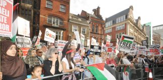 Demonstration outside the Israeli embassy in London on August 1st demanding an end to Israel’s bombing of Gaza