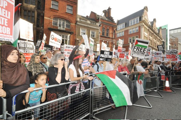 Demonstration outside the Israeli embassy in London on August 1st demanding an end to Israel’s bombing of Gaza