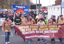 Firefighters marching through Aylesbury demanding the reinstatement of sacked colleague Ricky Matthews – after Maude’s statement they know that the biggest battle is directly ahead to stop the privatisation of the fire service and all public services