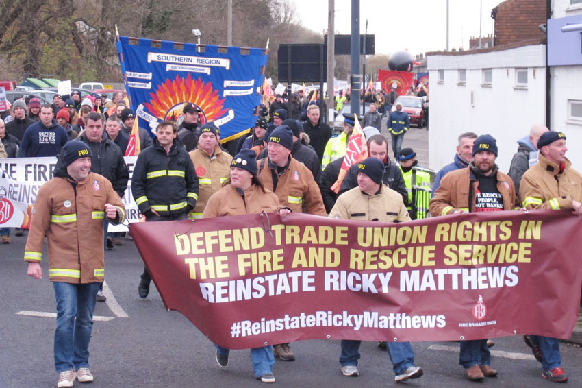 Firefighters marching through Aylesbury demanding the reinstatement of sacked colleague Ricky Matthews – after Maude’s statement they know that the biggest battle is directly ahead to stop the privatisation of the fire service and all public services