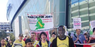 Young Socialists marchers arrive at the TUC Congress in Liverpool demanding decent well-paid jobs for youth