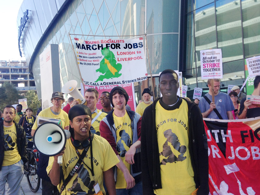 Young Socialists marchers arrive at the TUC Congress in Liverpool demanding decent well-paid jobs for youth