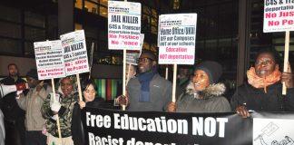 Demonstrators outside the Home Office demanding the prosecution of G4S after the death of Jimmy Mubenga